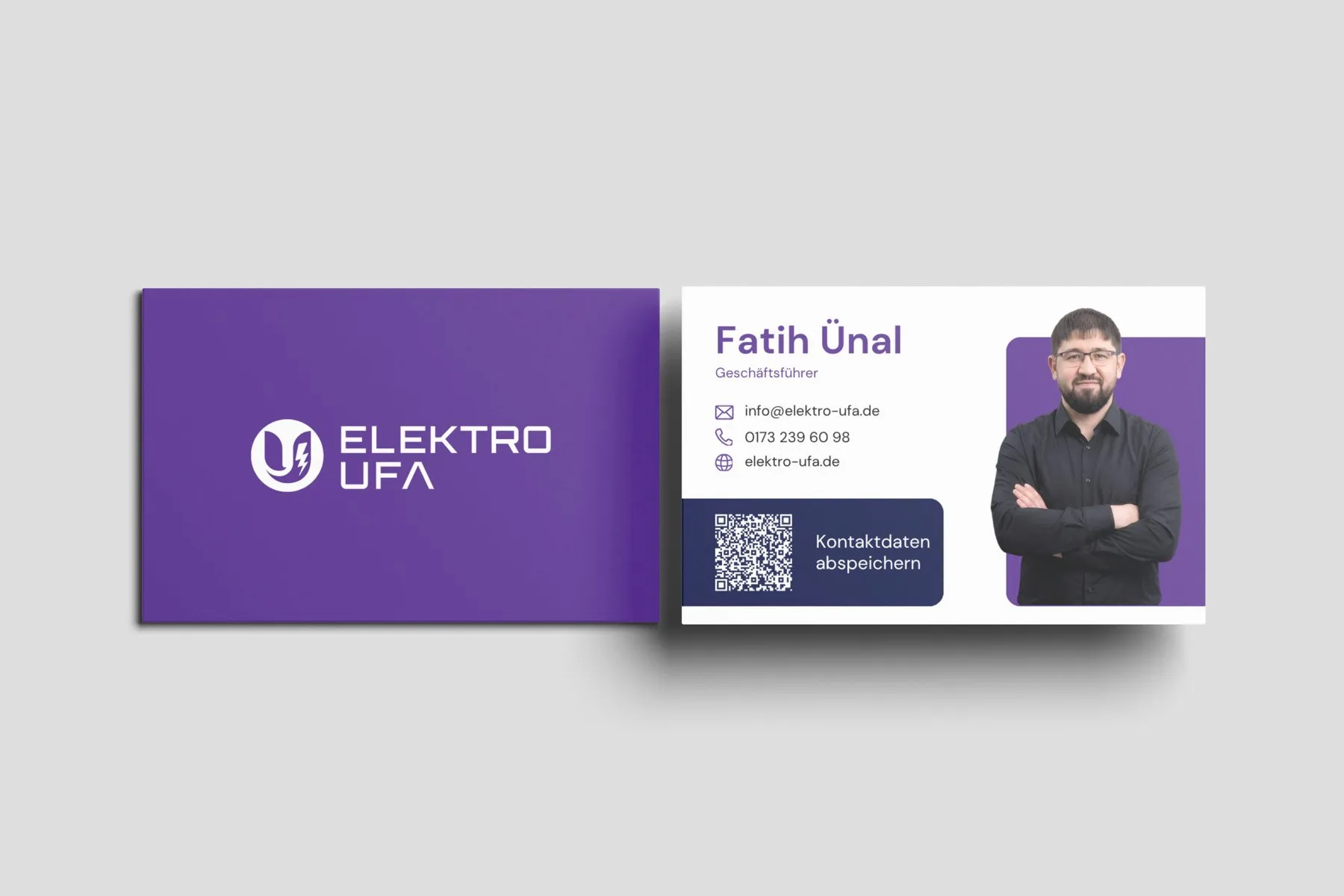 Visitenkarte von Elektro UFA in Lila mit Foto von Fatih Ünal und QR-Code
