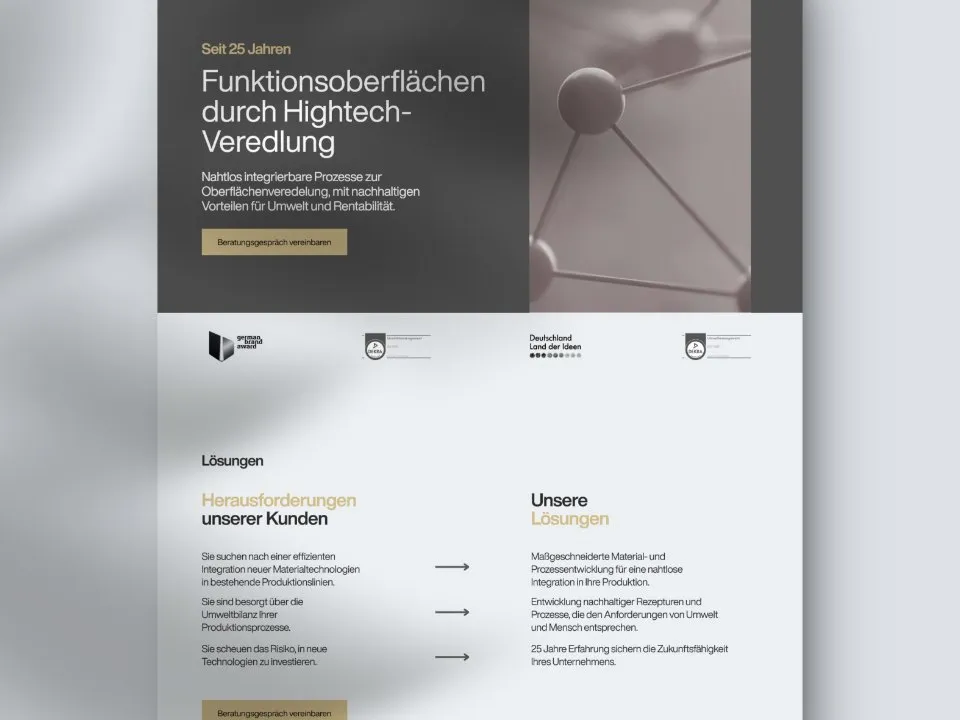 Website von Benzy für Funktionsoberflächen durch Hightech-Veredlung