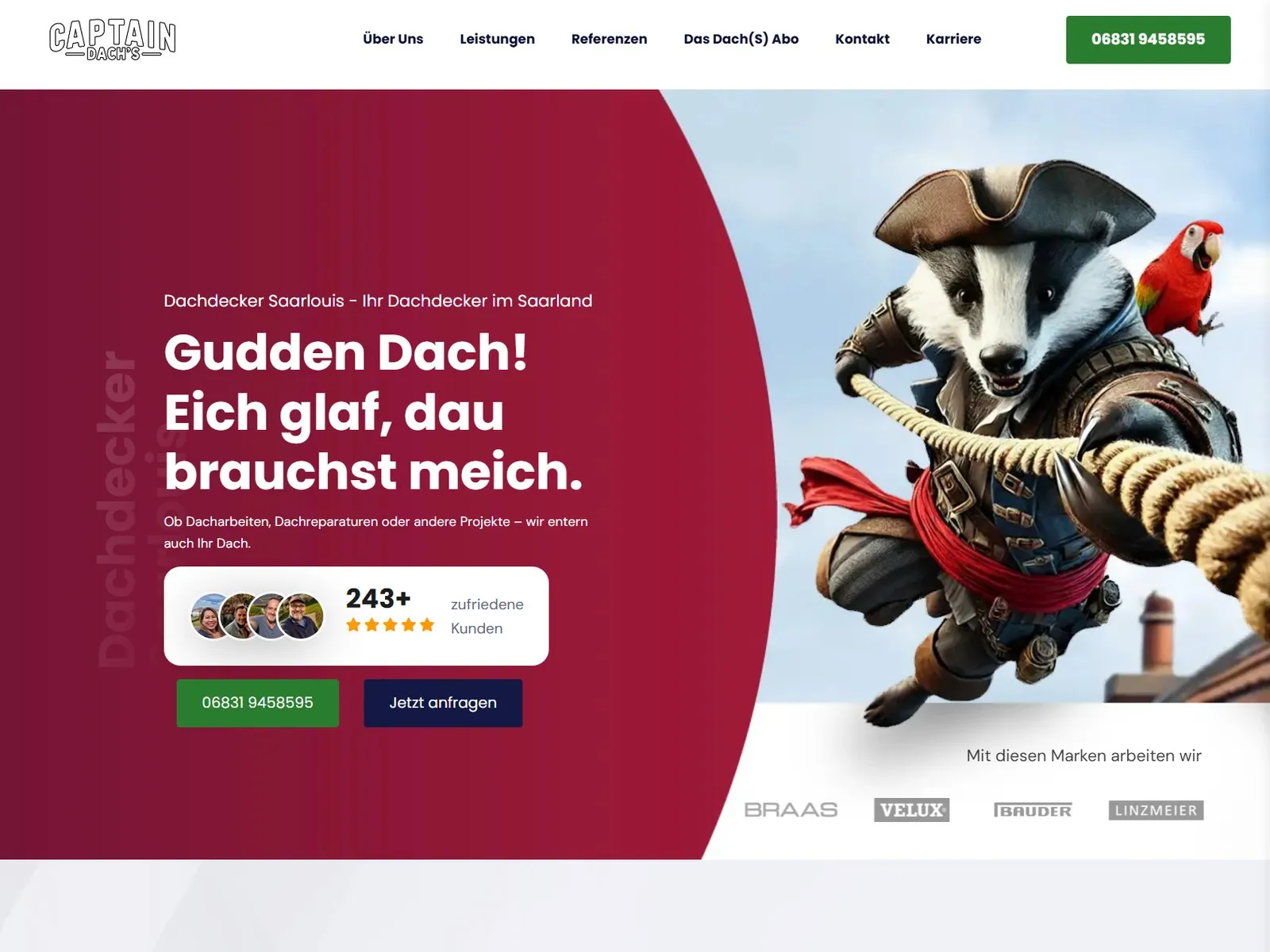 Startseite von Captain Dach's mit dem Piraten-Dachs als Maskottchen und 243+ zufriedenen Kunden