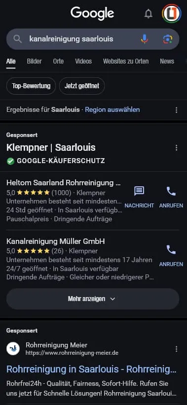Google-Lokalanzeigen ganz oben in der Suche, über die Kunden direkt anrufen oder schreiben