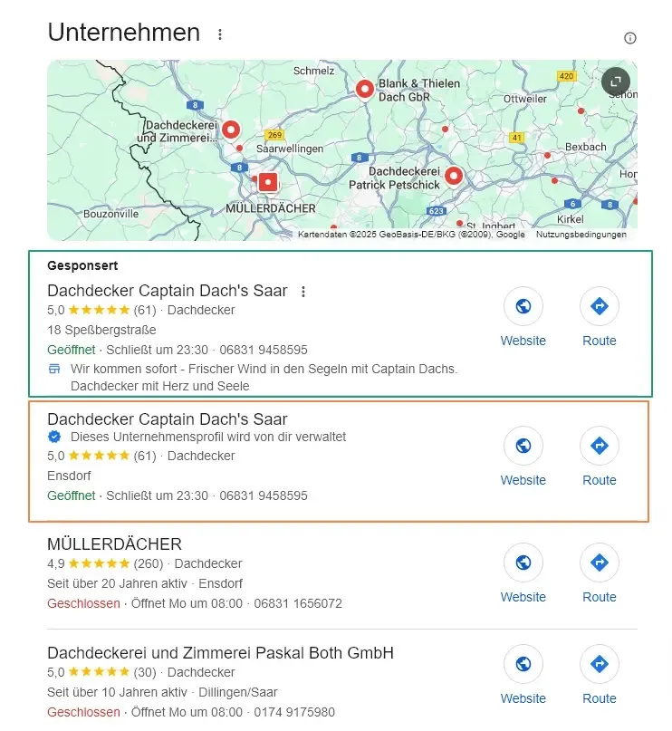 Google-Suche mit markiertem Unternehmensprofil eines Handwerkers und einer Maps-Anzeige darüber