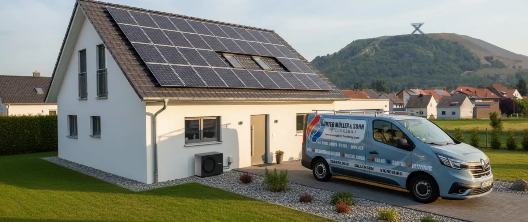 Einfamilienhaus mit Solardach und Wärmepumpe, davor der Transporter von Günter Müller & Sohn, im Hintergrund die Halde in Ensdorf