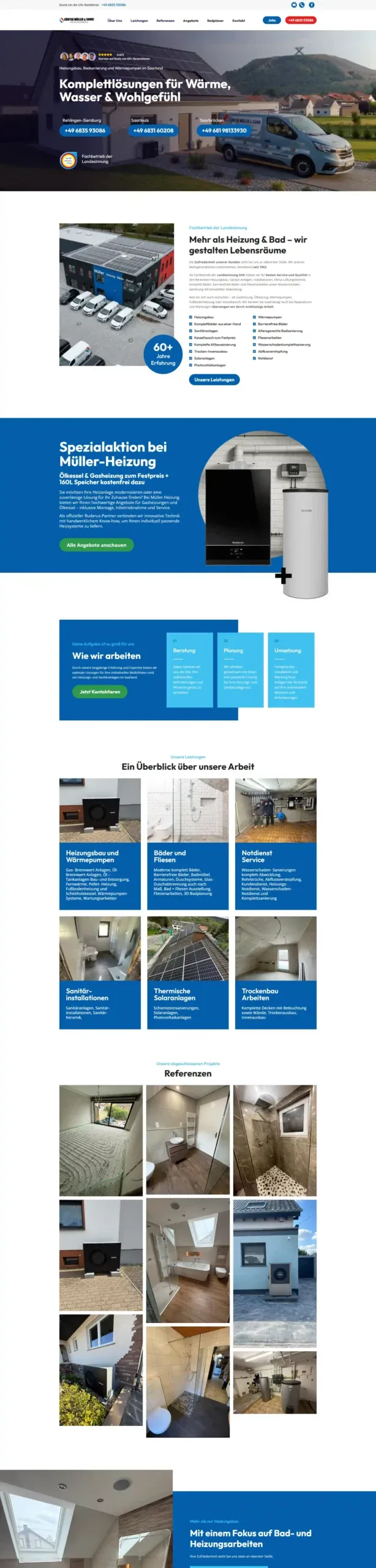 Website der Müller Heizung mit Leistungen für Heizungsbau, Bad und Notdienst