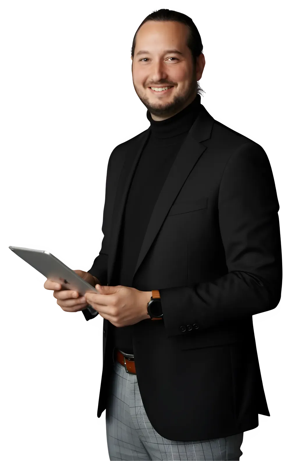 Raphael Pönicke, Gründer von ONE STEP Marketing, im schwarzen Sakko mit Tablet in der Hand
