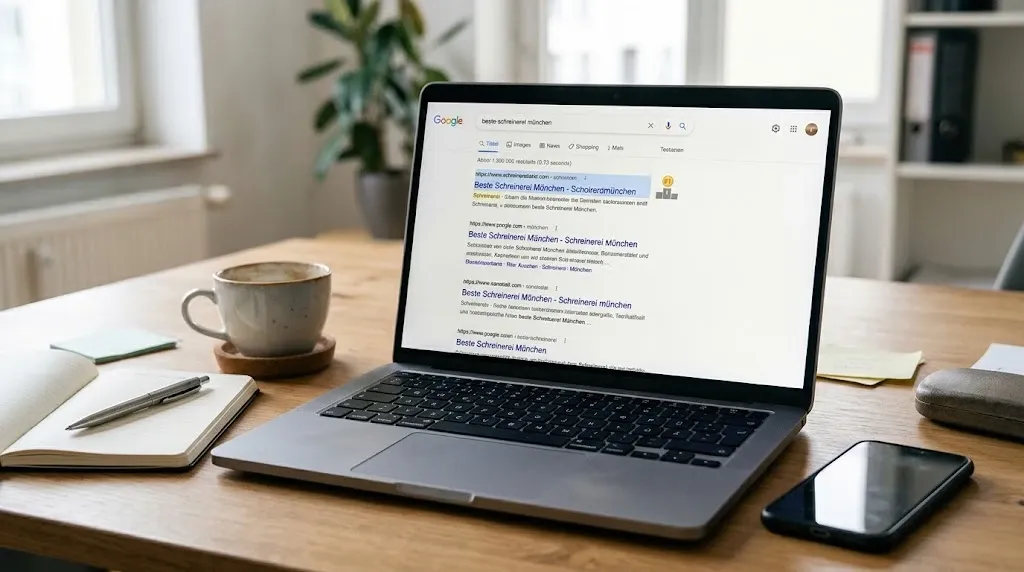 Laptop auf einem Schreibtisch mit einer Google-Suche, das erste Ergebnis ist mit Platz 1 markiert