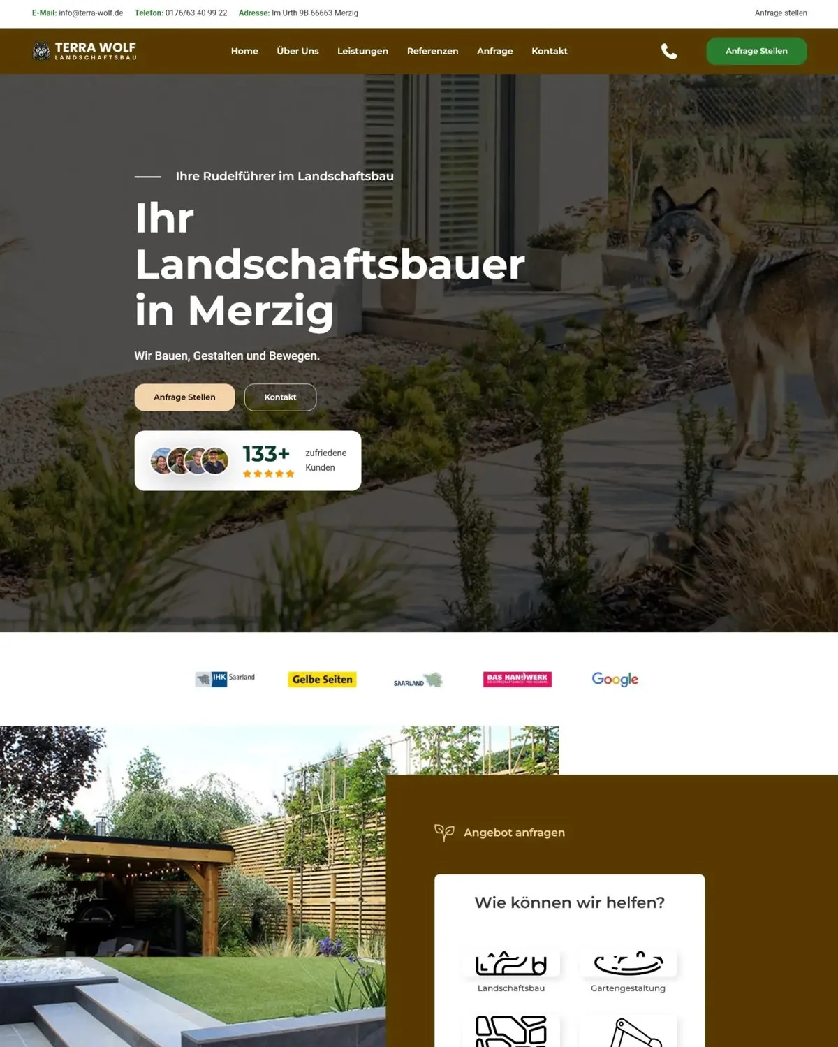 Website von Terra Wolf Landschaftsbau mit Wolf im Garten und der Überschrift „Ihr Landschaftsbauer in Merzig“