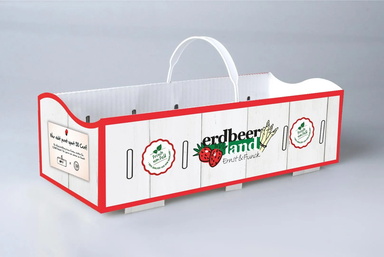 Erdbeerkorb aus Karton mit Erdbeerland-Design