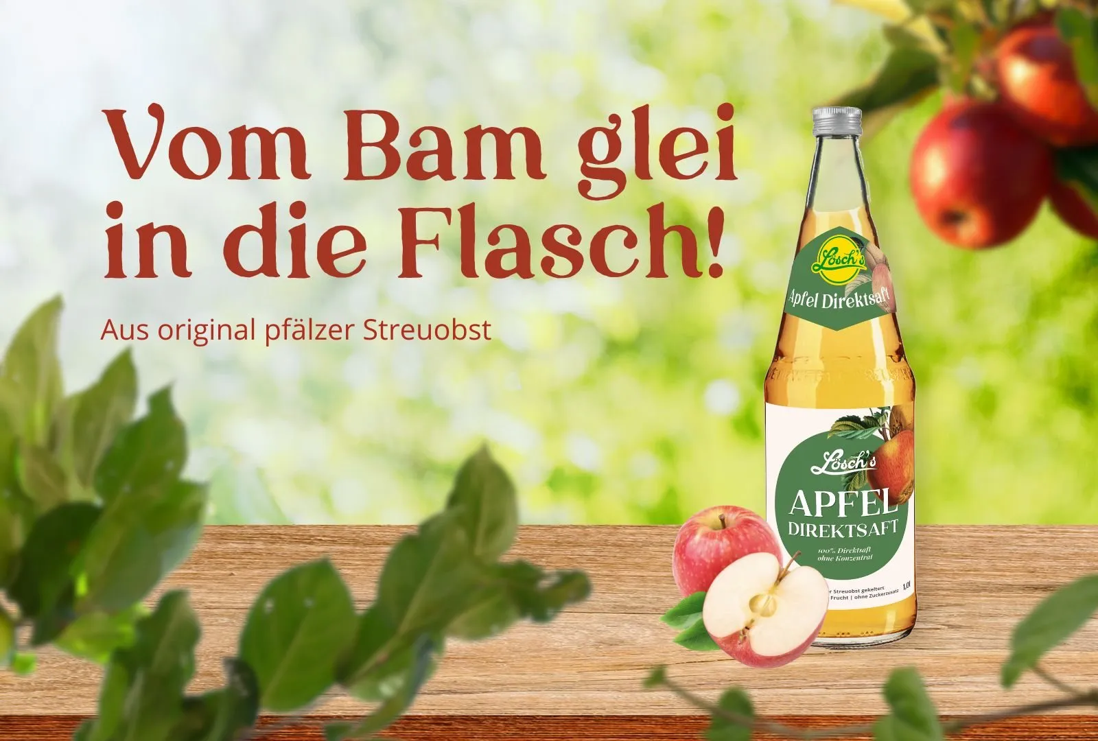 Apfelsaftflasche mit Motiv „Vom Bam glei in die Flasch“