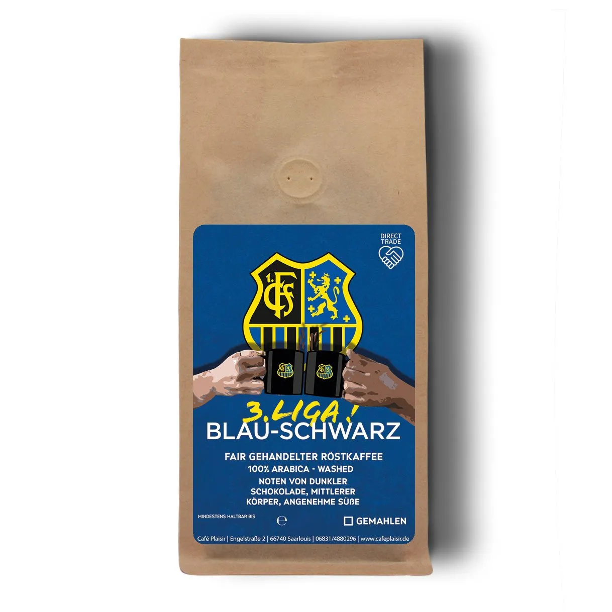 Kaffeetüte „3. Liga Blau-Schwarz“ der Plaisir Kaffeemanufaktur