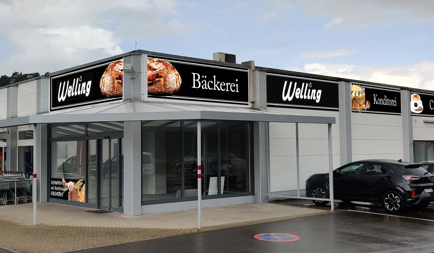 Filiale der Bäckerei Welling mit großflächiger Fassadenbeschriftung und Brotmotiven