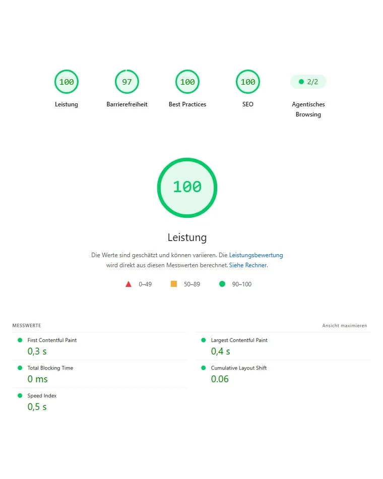 Google-PageSpeed-Bericht der Website von Wolfer: 100 Punkte bei Leistung, Best Practices und SEO, 97 bei Barrierefreiheit