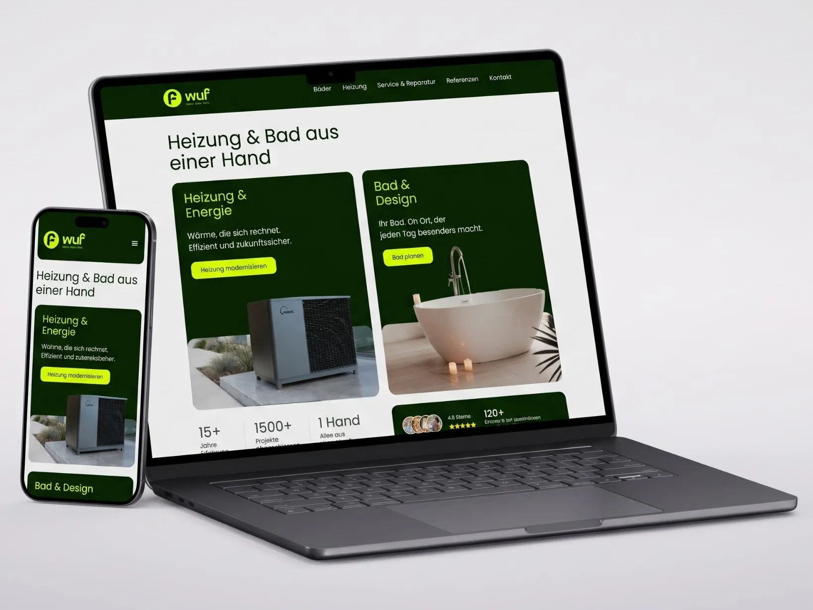 Website von wuf für Heizung und Bad auf Laptop und Smartphone